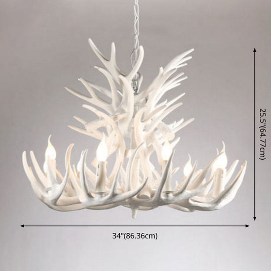Bare Bulb Antler Chandelier Country Style White Resin Suspension Light for Living Room