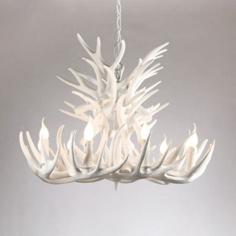 Bare Bulb Antler Chandelier Country Style White Resin Suspension Light for Living Room