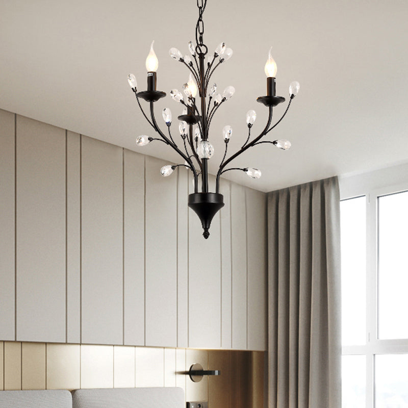 Vintage Metal Chandelier with Exposed Bulbs | 3/6/9 Lights | Black Finish with Crystal Draping