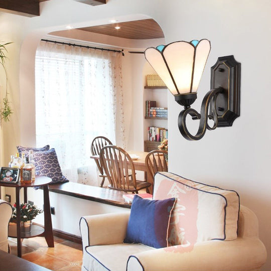 Tiffany Style Mission Wall Mount Fixture - Stained Glass 1 Light Wall Sconce in Blue-White/Blue/Beige/White