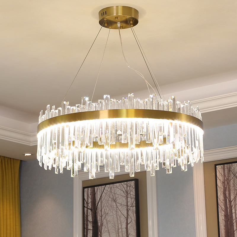 Gold Circle LED Chandelier Lamp - Postmodern Crystal Block - Multiple Sizes Available