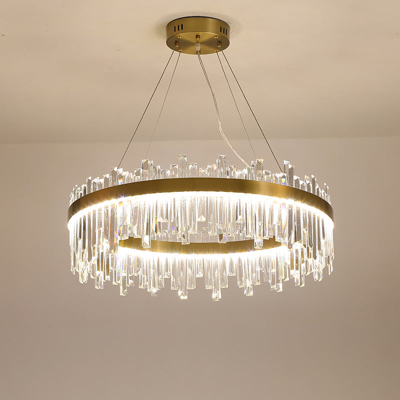 Gold Circle LED Chandelier Lamp - Postmodern Crystal Block - Multiple Sizes Available