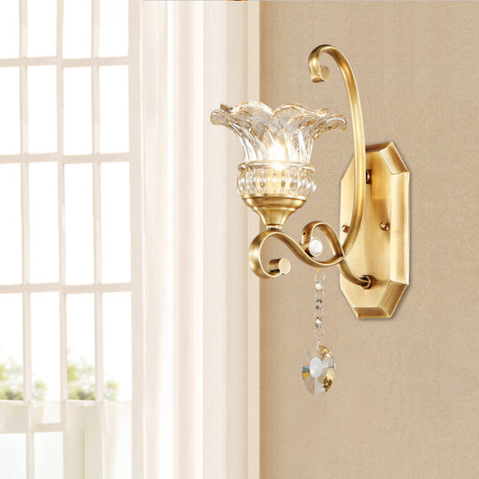Modern Clear Glass Flower Sconce: Brass Wall Lamp with Crystal Accent - 1/2 Lights