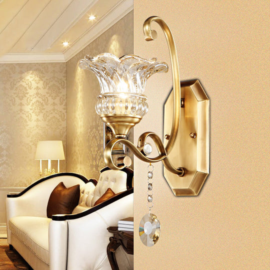 Modern Clear Glass Flower Sconce: Brass Wall Lamp with Crystal Accent - 1/2 Lights