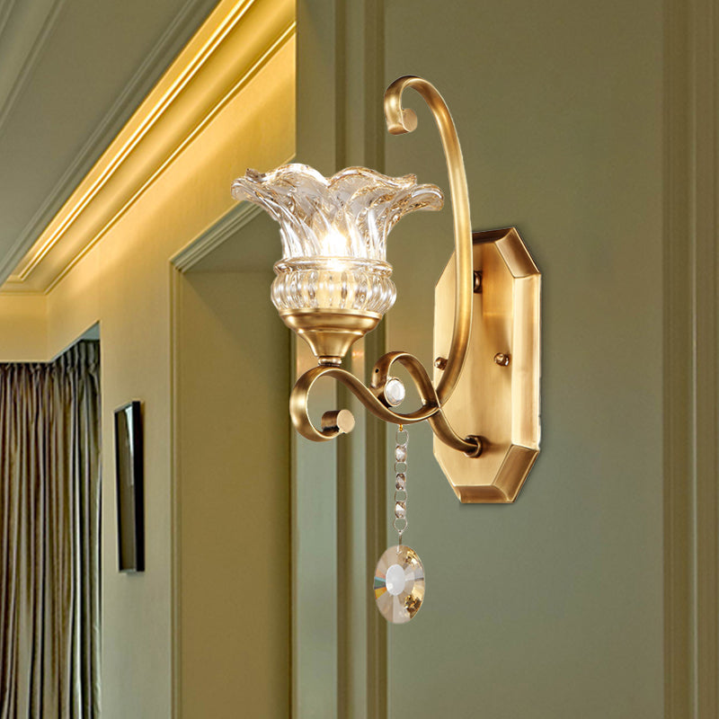 Modern Clear Glass Flower Sconce: Brass Wall Lamp with Crystal Accent - 1/2 Lights