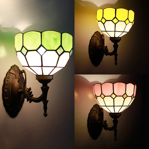 Retro Scalloped Stained Glass Wall Light - 1 Light Fixture in Yellow/Pink/Green for Stairway