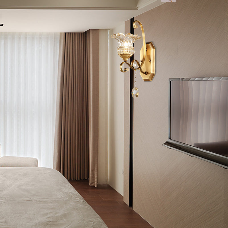 Modern Clear Glass Flower Sconce: Brass Wall Lamp with Crystal Accent - 1/2 Lights