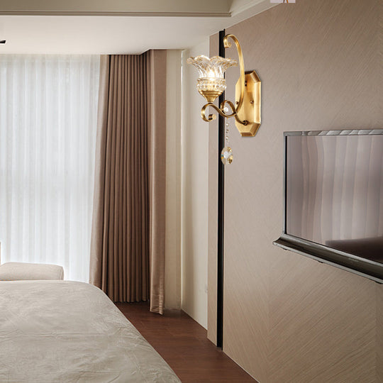 Modern Clear Glass Flower Sconce: Brass Wall Lamp with Crystal Accent - 1/2 Lights