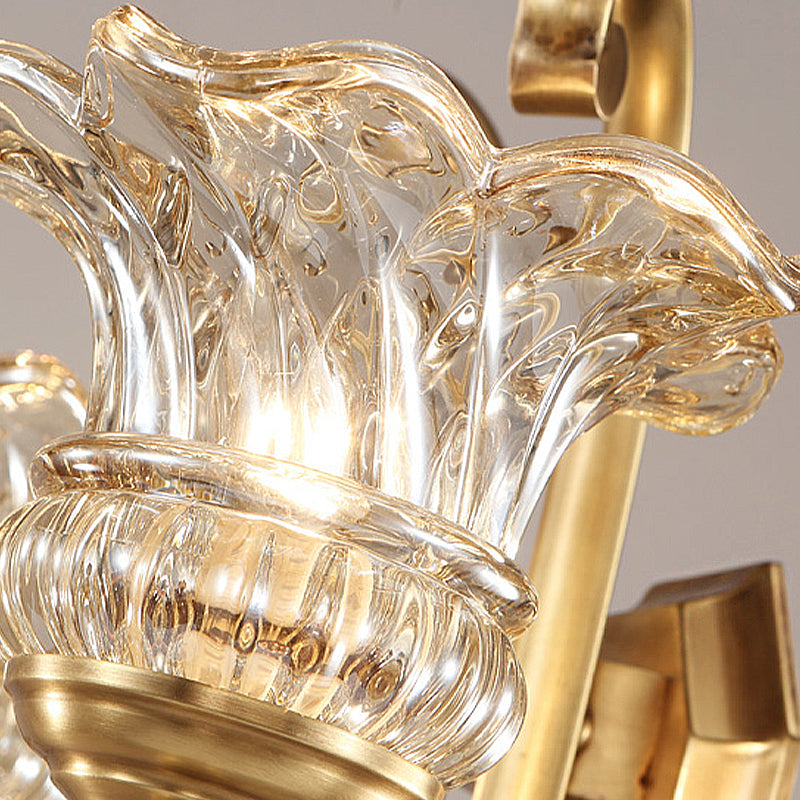 Modern Clear Glass Flower Sconce: Brass Wall Lamp with Crystal Accent - 1/2 Lights