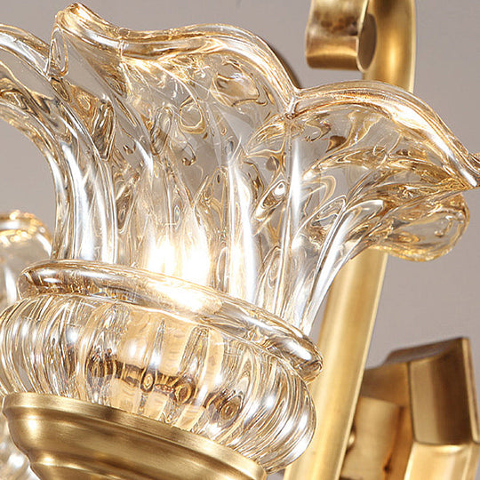 Modern Clear Glass Flower Sconce: Brass Wall Lamp with Crystal Accent - 1/2 Lights