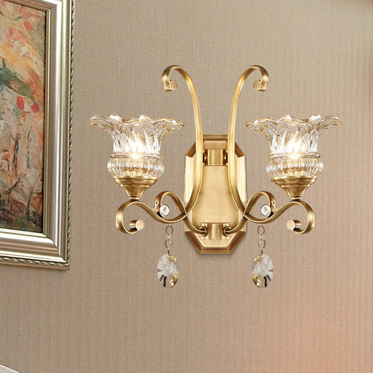 Modern Clear Glass Flower Sconce: Brass Wall Lamp with Crystal Accent - 1/2 Lights