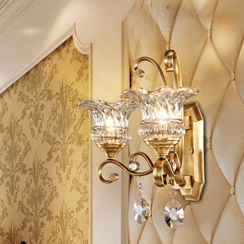 Modern Clear Glass Flower Sconce: Brass Wall Lamp with Crystal Accent - 1/2 Lights