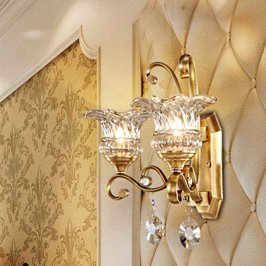 Modern Clear Glass Flower Sconce: Brass Wall Lamp with Crystal Accent - 1/2 Lights