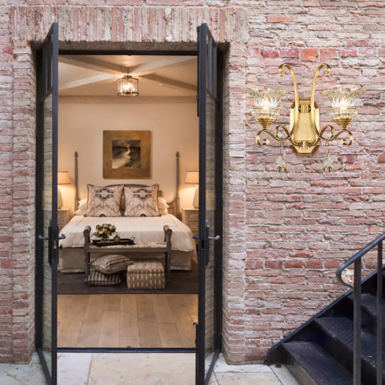 Modern Clear Glass Flower Sconce: Brass Wall Lamp with Crystal Accent - 1/2 Lights