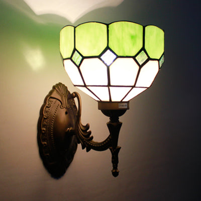 Retro Scalloped Stained Glass Wall Light - 1 Light Fixture in Yellow/Pink/Green for Stairway
