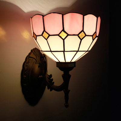 Retro Scalloped Stained Glass Wall Light - 1 Light Fixture in Yellow/Pink/Green for Stairway