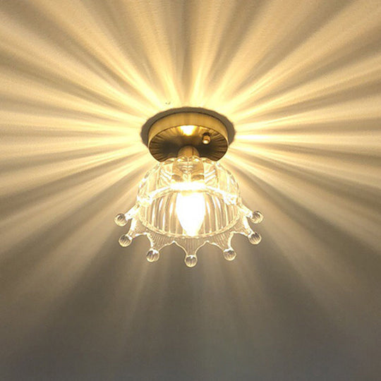 Brass Crown 1 Light Ceiling Light with Clear Stripes Glass Shade - Contemporary Aisle Lighting Fixture