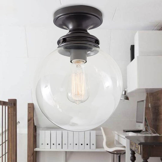 1-Light Black Industrial Ceiling Light with Clear Glass Shade - Round Flush-mount Lamp for Cloth Shop