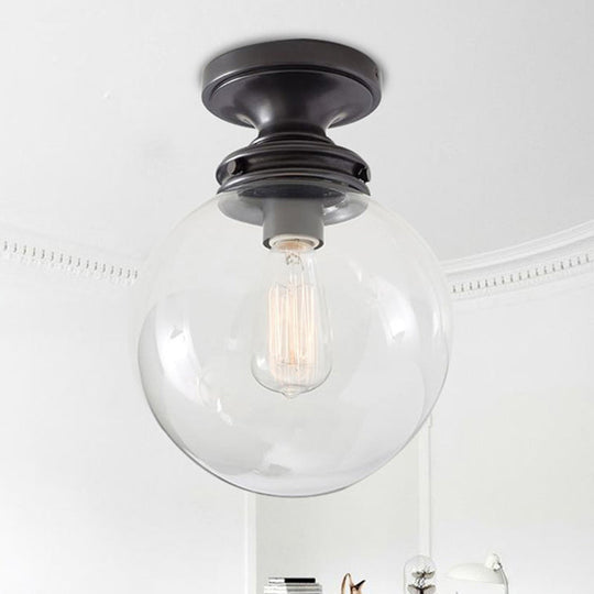 1-Light Black Industrial Ceiling Light with Clear Glass Shade - Round Flush-mount Lamp for Cloth Shop