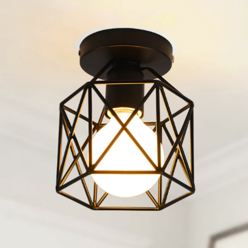 Retro Industrial Black Ceiling Light:  Single Wire Frame Semi Flush for Kitchen