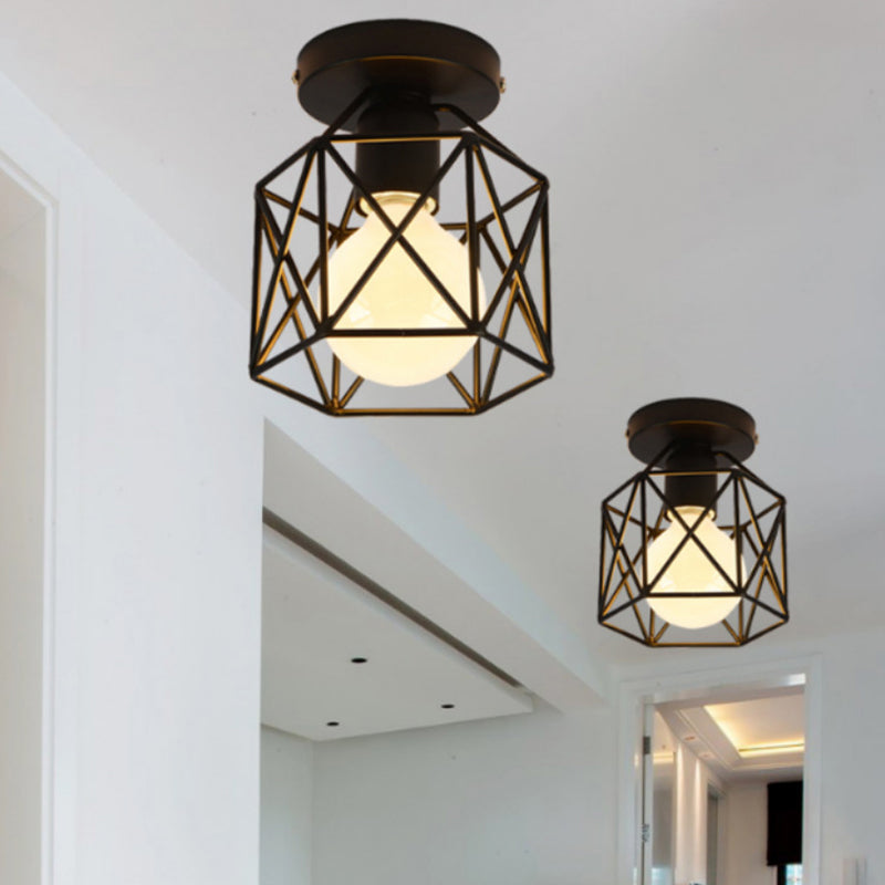 Retro Industrial Black Ceiling Light:  Single Wire Frame Semi Flush for Kitchen