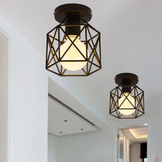 Retro Industrial Black Ceiling Light:  Single Wire Frame Semi Flush for Kitchen