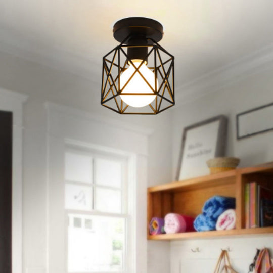 Retro Industrial Black Ceiling Light:  Single Wire Frame Semi Flush for Kitchen