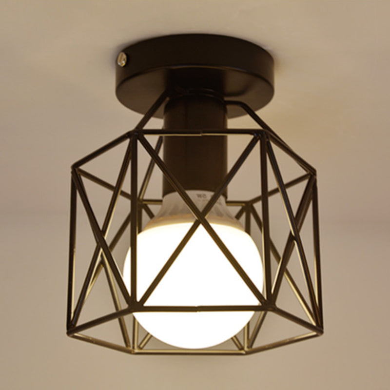 Retro Industrial Black Ceiling Light:  Single Wire Frame Semi Flush for Kitchen