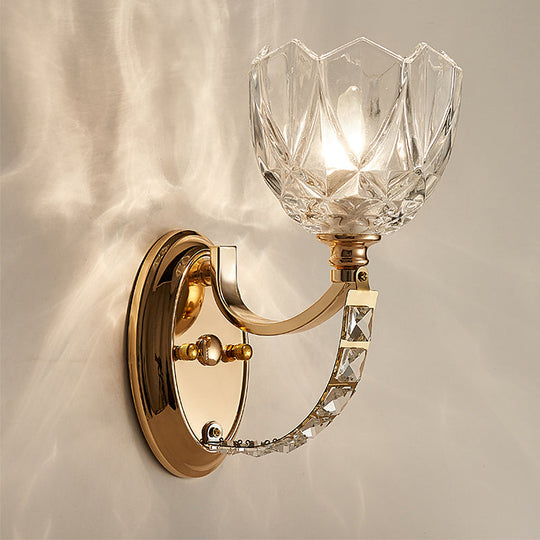 Modern Brass Sconce Light: 1 Head Bedroom Wall Fixture with Clear Glass Shade