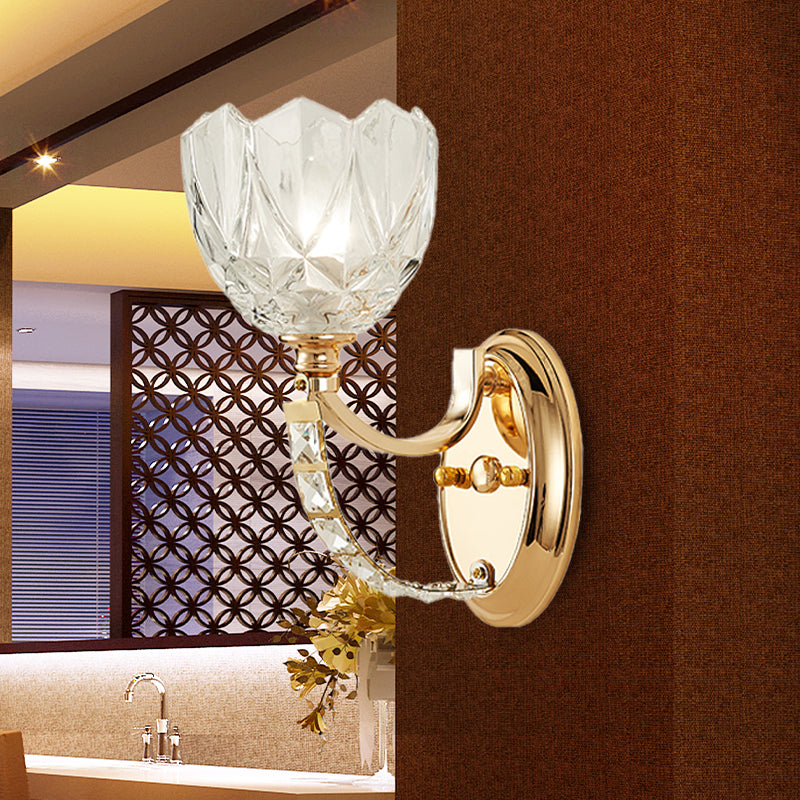 Modern Brass Sconce Light: 1 Head Bedroom Wall Fixture with Clear Glass Shade