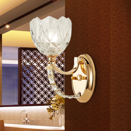 Modern Brass Sconce Light: 1 Head Bedroom Wall Fixture with Clear Glass Shade
