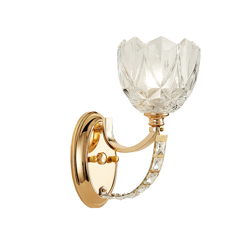 Modern Brass Sconce Light: 1 Head Bedroom Wall Fixture with Clear Glass Shade