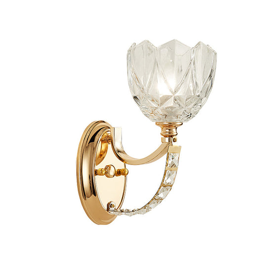 Modern Brass Sconce Light: 1 Head Bedroom Wall Fixture with Clear Glass Shade