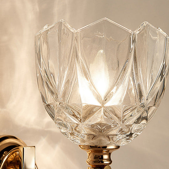 Modern Brass Sconce Light: 1 Head Bedroom Wall Fixture with Clear Glass Shade