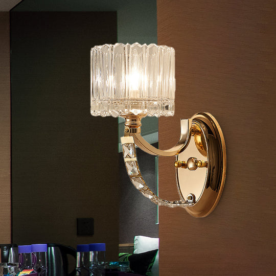 Modern Brass Sconce Light: 1 Head Bedroom Wall Fixture with Clear Glass Shade