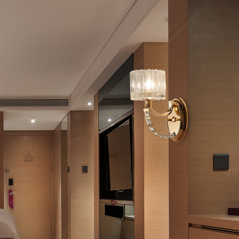 Modern Brass Sconce Light: 1 Head Bedroom Wall Fixture with Clear Glass Shade