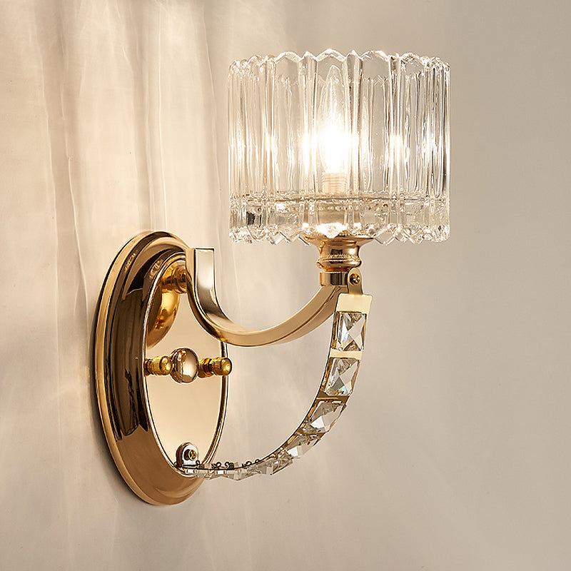 Modern Brass Sconce Light: 1 Head Bedroom Wall Fixture with Clear Glass Shade