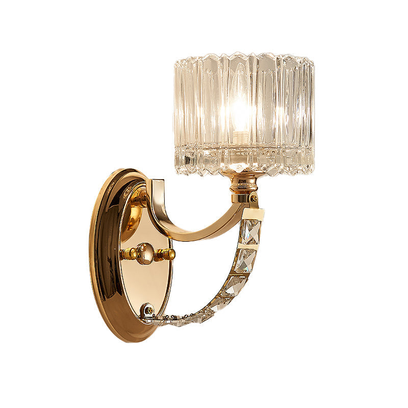 Modern Brass Sconce Light: 1 Head Bedroom Wall Fixture with Clear Glass Shade