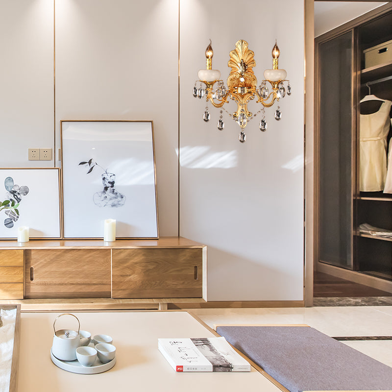 Metal Gold Candle Sconce Light with Crystal Drop - Traditional 2-Head Living Room Wall Mount