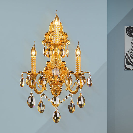 Gold Metal Sconce Light with Crystal Drop Decoration - Traditional Candle Wall Fixture (3 Heads)