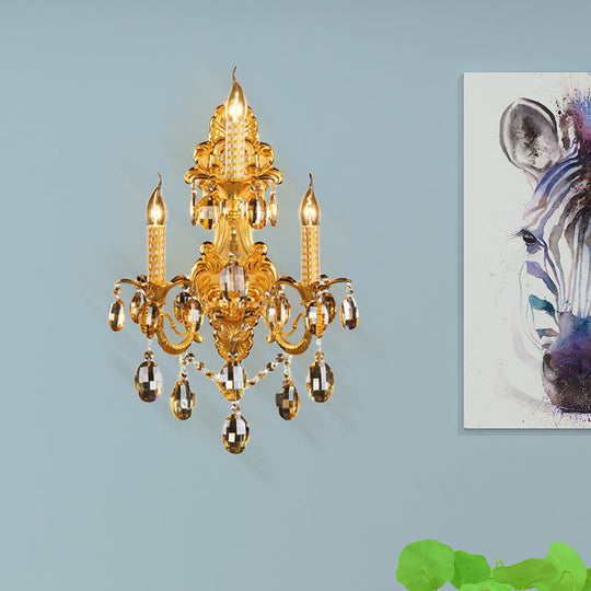 Gold Metal Sconce Light with Crystal Drop Decoration - Traditional Candle Wall Fixture (3 Heads)