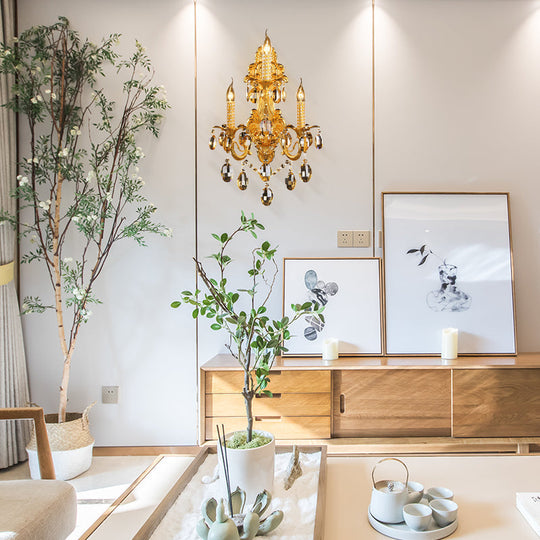 Gold Metal Sconce Light with Crystal Drop Decoration - Traditional Candle Wall Fixture (3 Heads)