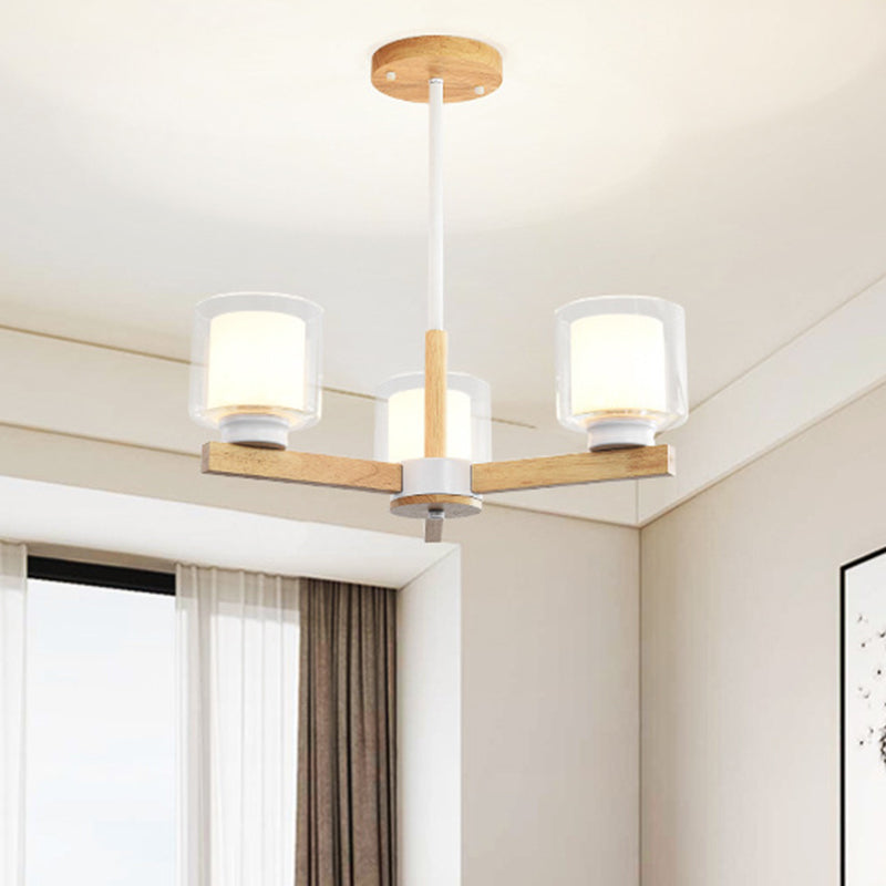 Modern White Glass Cylinder Chandelier - Stylish Suspension Light for Living Room, Wooden Stand