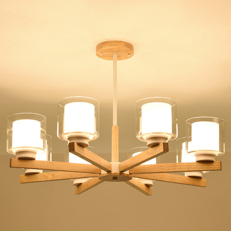 Modern White Glass Cylinder Chandelier - Stylish Suspension Light for Living Room, Wooden Stand
