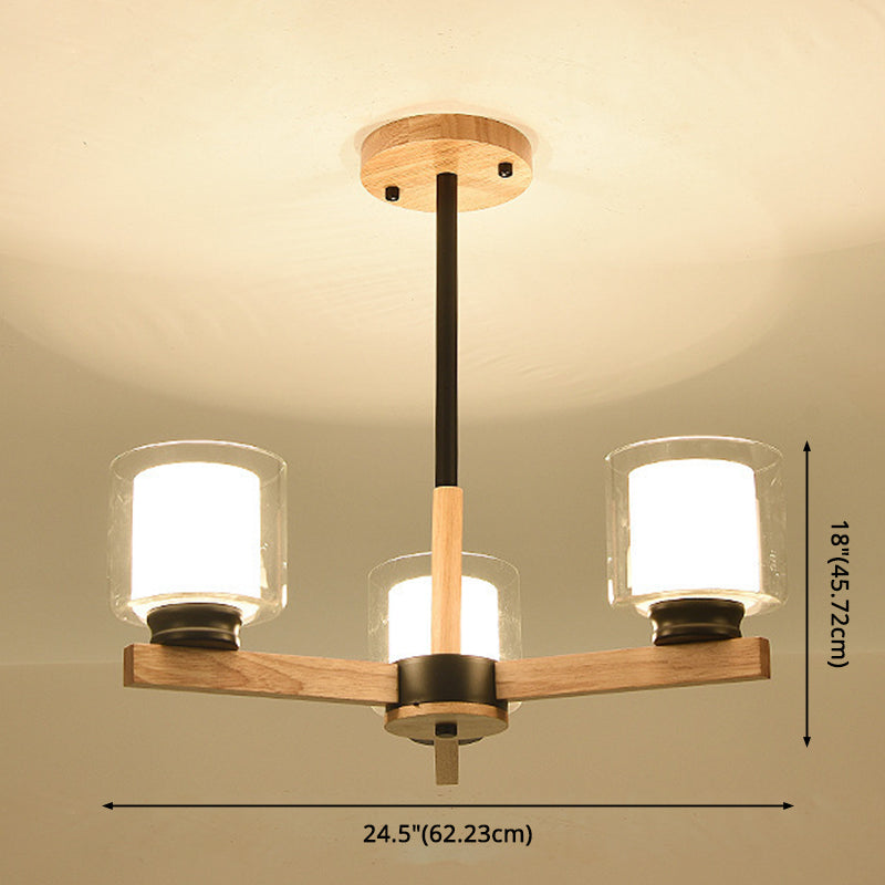 Modern White Glass Cylinder Chandelier - Stylish Suspension Light for Living Room, Wooden Stand