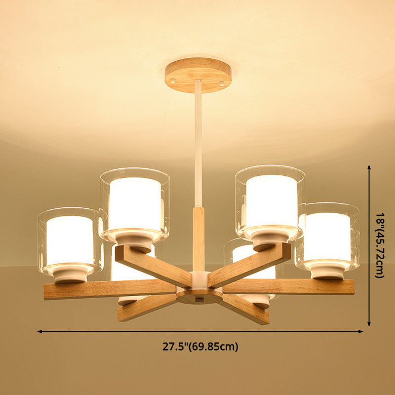 Modern White Glass Cylinder Chandelier - Stylish Suspension Light for Living Room, Wooden Stand