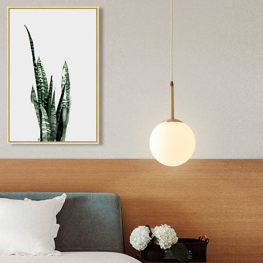 Mid-Century Modern Brass Pendant Light with Spherical White Glass Shade