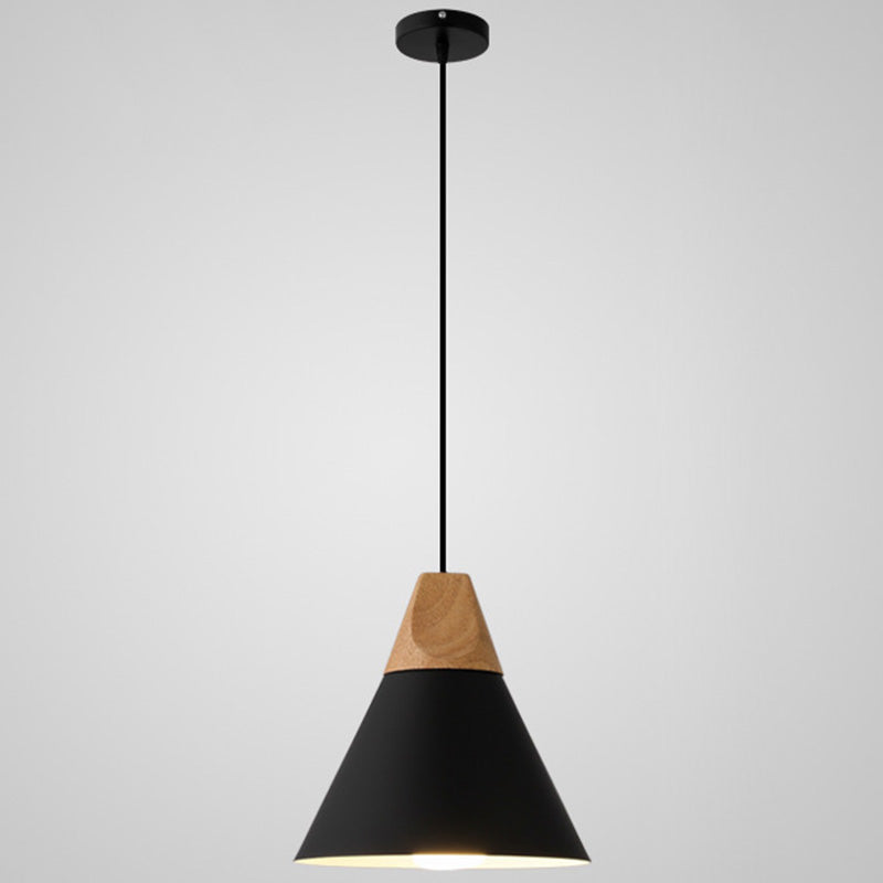 Metal Tapered Hanging Light - Nordic Style - 1-Light Restaurant Pendant Lamp with Wooden Top