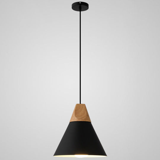 Metal Tapered Hanging Light - Nordic Style - 1-Light Restaurant Pendant Lamp with Wooden Top