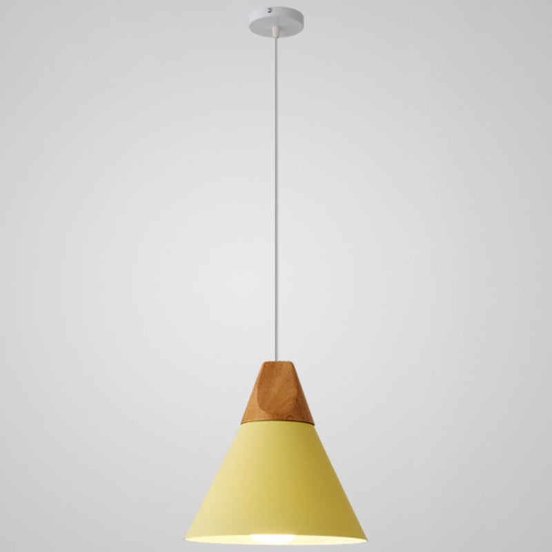 Metal Tapered Hanging Light - Nordic Style - 1-Light Restaurant Pendant Lamp with Wooden Top